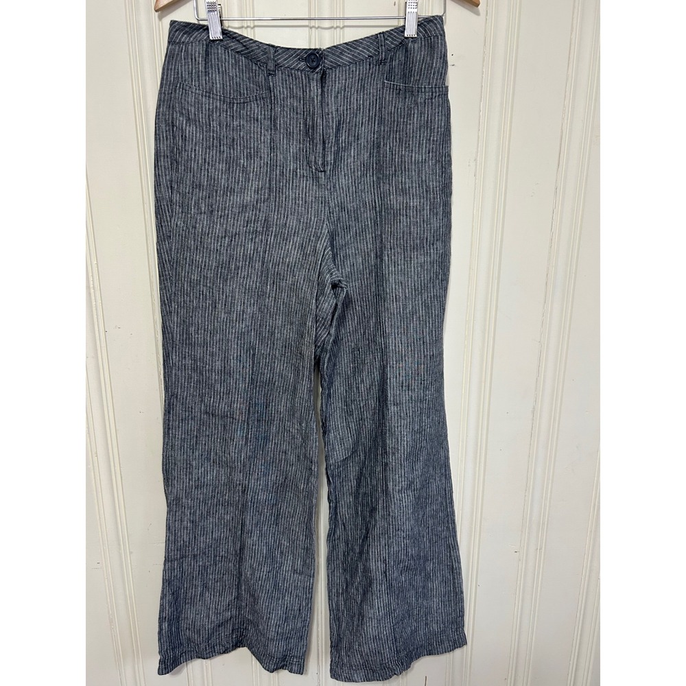 Sundance Womens 100% Linen Sz 6 Striped Wide Leg Pants Blue Coastal Nautical